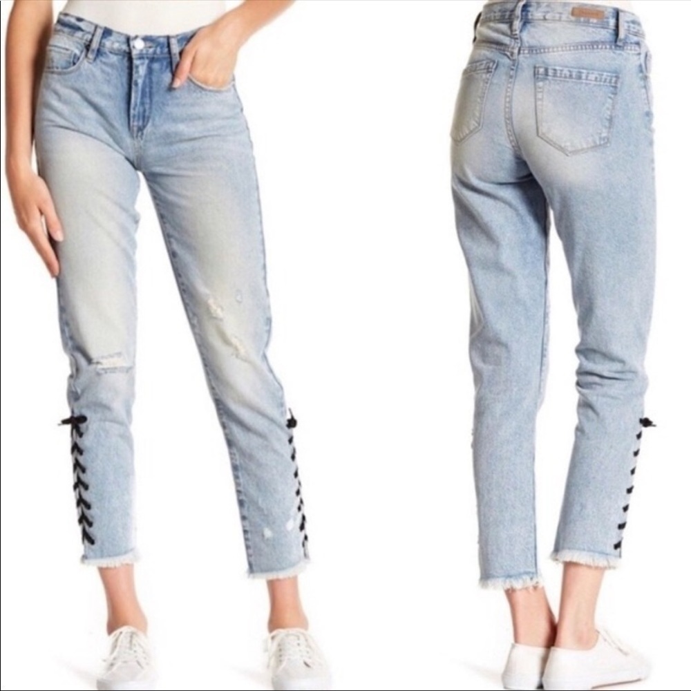 BLANKNYC High Rise Tapered Lace Up Jeans Distressed Raw Hem Hi Waisted Size 28